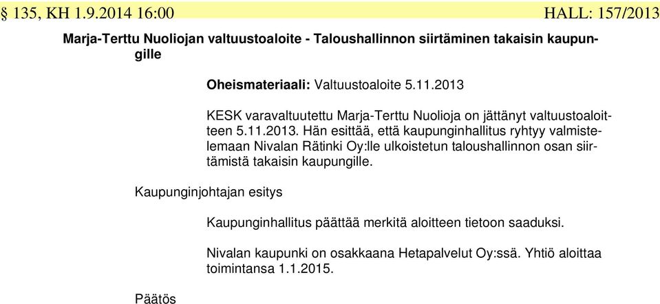 2013 KESK varavaltuutettu Marja-Terttu Nuolioja on jättänyt valtuustoaloitteen 5.11.2013. Hän esittää, että kaupunginhallitus ryhtyy