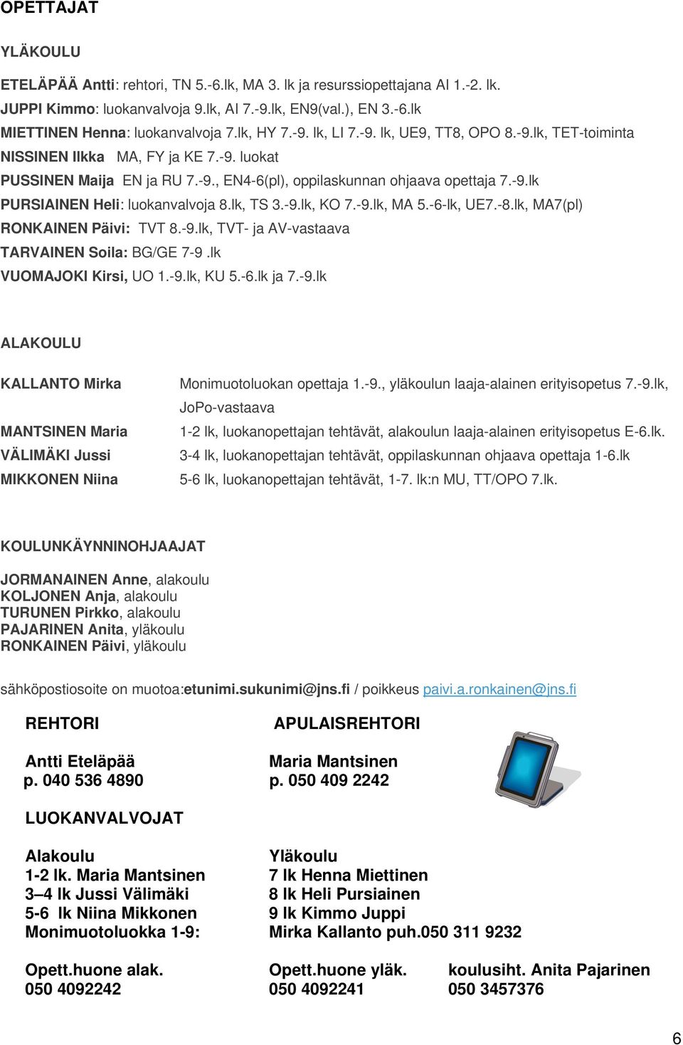 lk, TS 3.-9.lk, KO 7.-9.lk, MA 5.-6-lk, UE7.-8.lk, MA7(pl) RONKAINEN Päivi: TVT 8.-9.lk, TVT- ja AV-vastaava TARVAINEN Soila: BG/GE 7-9.lk VUOMAJOKI Kirsi, UO 1.-9.lk, KU 5.-6.lk ja 7.-9.lk ALAKOULU KALLANTO Mirka MANTSINEN Maria VÄLIMÄKI Jussi MIKKONEN Niina Monimuotoluokan opettaja 1.