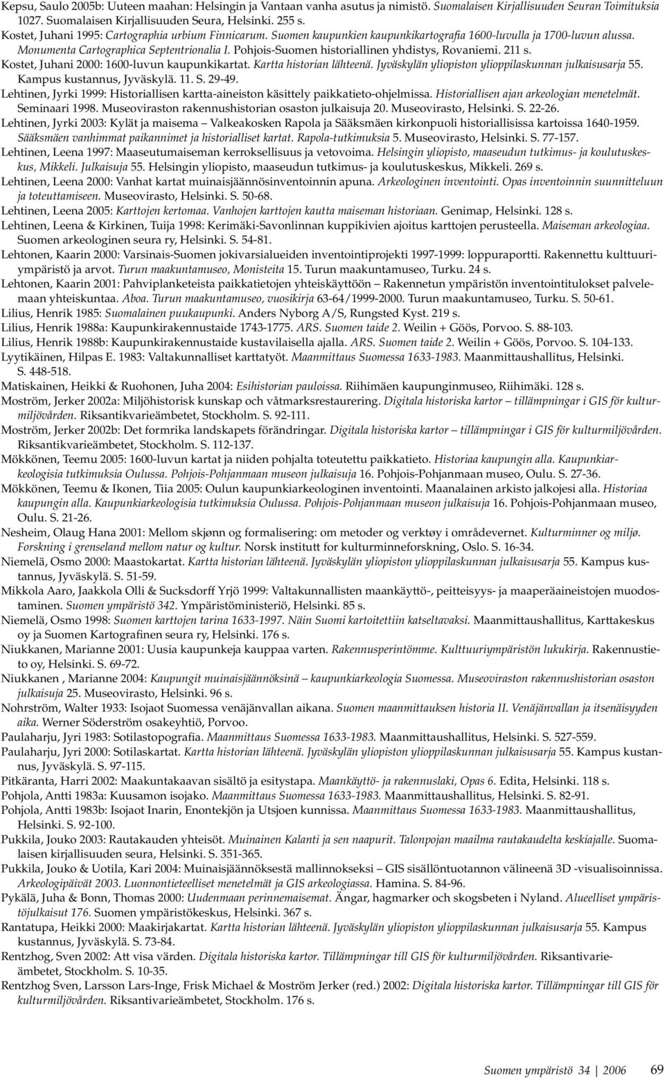 Pohjois-Suomen historiallinen yhdistys, Rovaniemi. 211 s. Kostet, Juhani 2000: 1600-luvun kaupunkikartat. Kartta historian lähteenä. Jyväskylän yliopiston ylioppilaskunnan julkaisusarja 55.