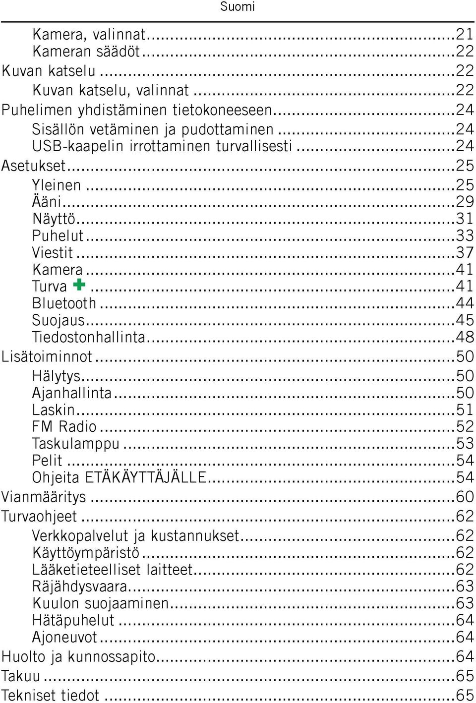 ..45 Tiedostonhallinta...48 Lisätoiminnot...50 Hälytys...50 Ajanhallinta...50 Laskin...51 FM Radio...52 Taskulamppu...53 Pelit...54 Ohjeita ETÄKÄYTTÄJÄLLE...54 Vianmääritys...60 Turvaohjeet.