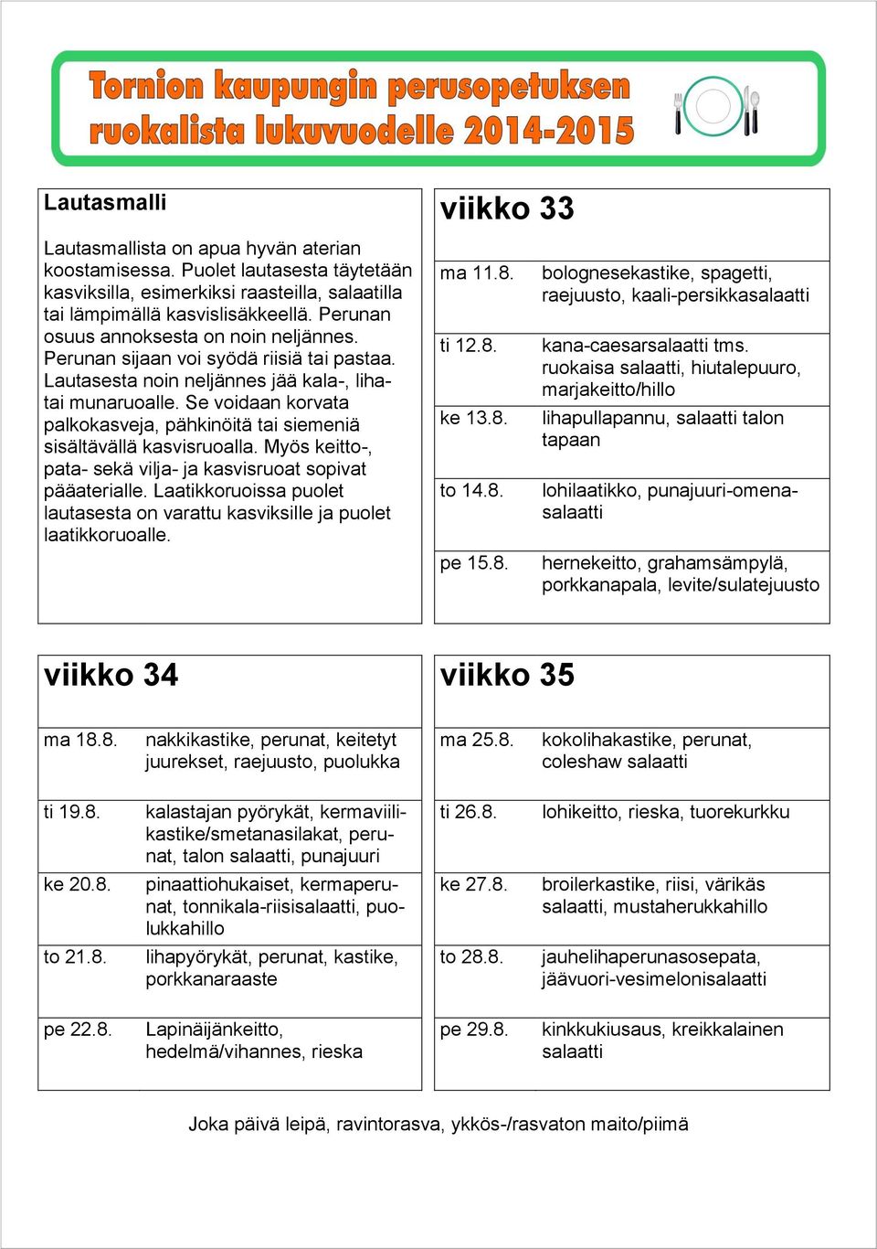 Se voidaan korvata palkokasveja, pähkinöitä tai siemeniä sisältävällä kasvisruoalla. Myös keitto-, pata- sekä vilja- ja kasvisruoat sopivat pääaterialle.