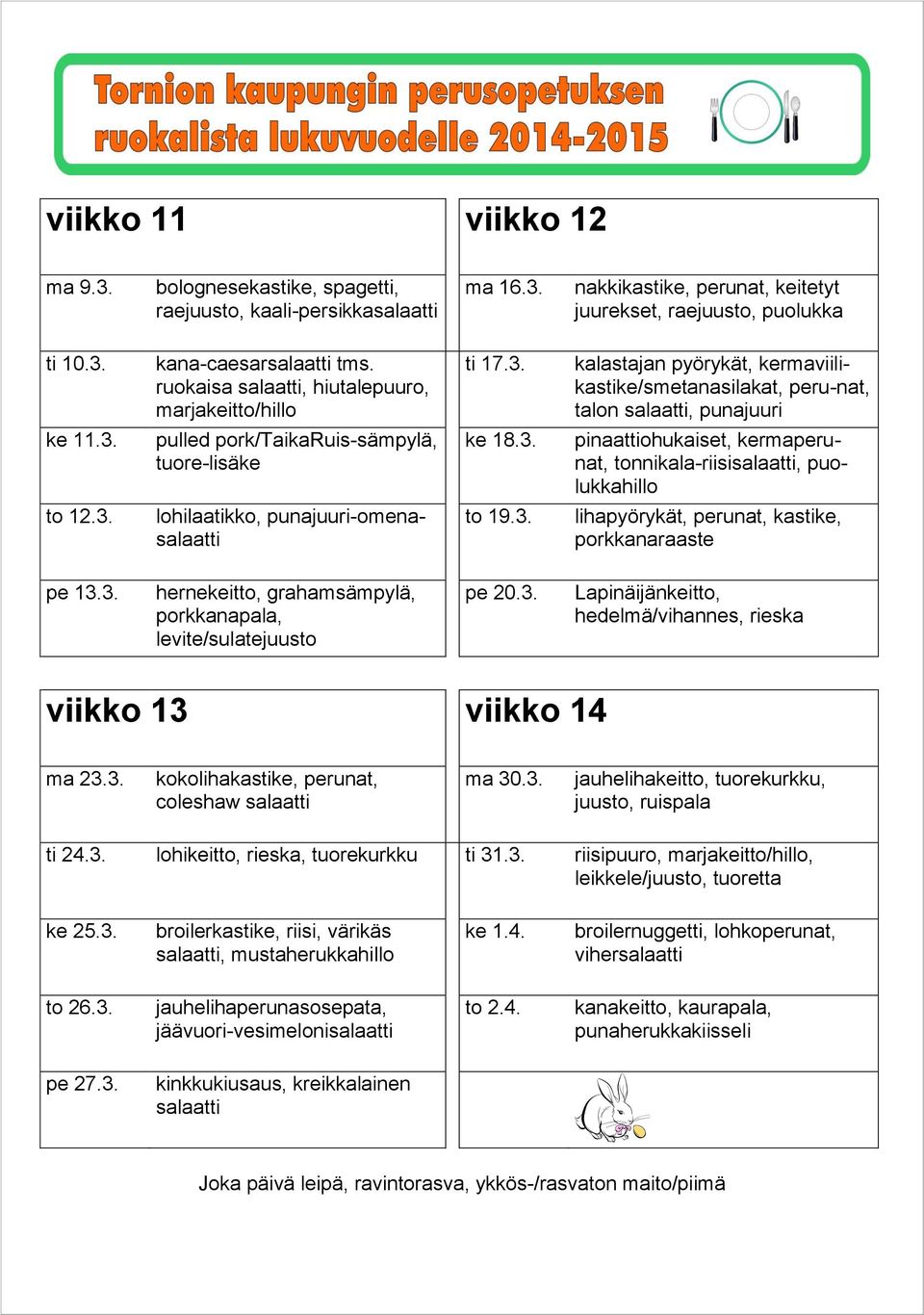 3. kokolihakastike, perunat, coleshaw salaatti ma 30.3. jauhelihakeitto, tuorekurkku, ti 24.3. lohikeitto, rieska, tuorekurkku ti 31.3. riisipuuro,, leikkele/juusto, tuoretta ke 25.3. ke 1.4. broilernuggetti, lohkoperunat, vihersalaatti to 26.