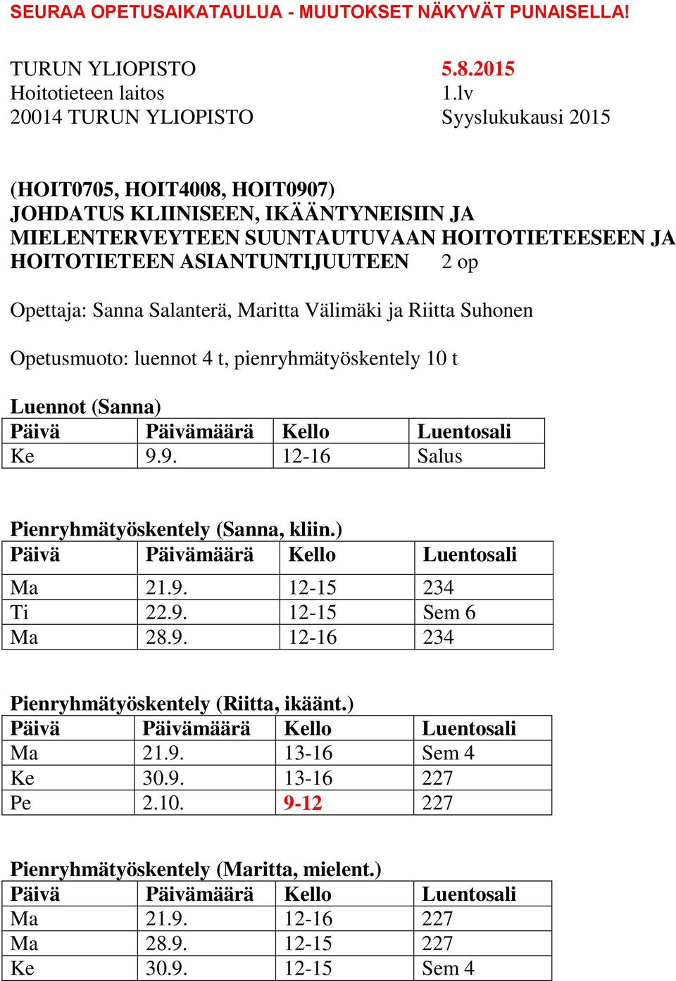 2 op Opettaja: Sanna Salanterä, Maritta Välimäki ja Riitta Suhonen Opetusmuoto: luennot 4 t, pienryhmätyöskentely 10 t Luennot (Sanna) Ke 9.