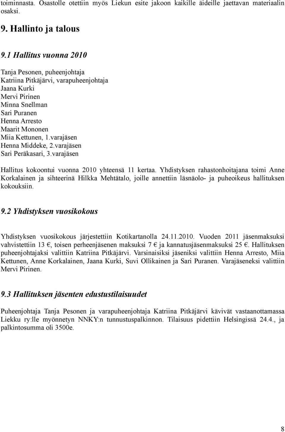 varajäsen Henna Middeke, 2.varajäsen Sari Peräkasari, 3.varajäsen Hallitus kokoontui vuonna 2010 yhteensä 11 kertaa.