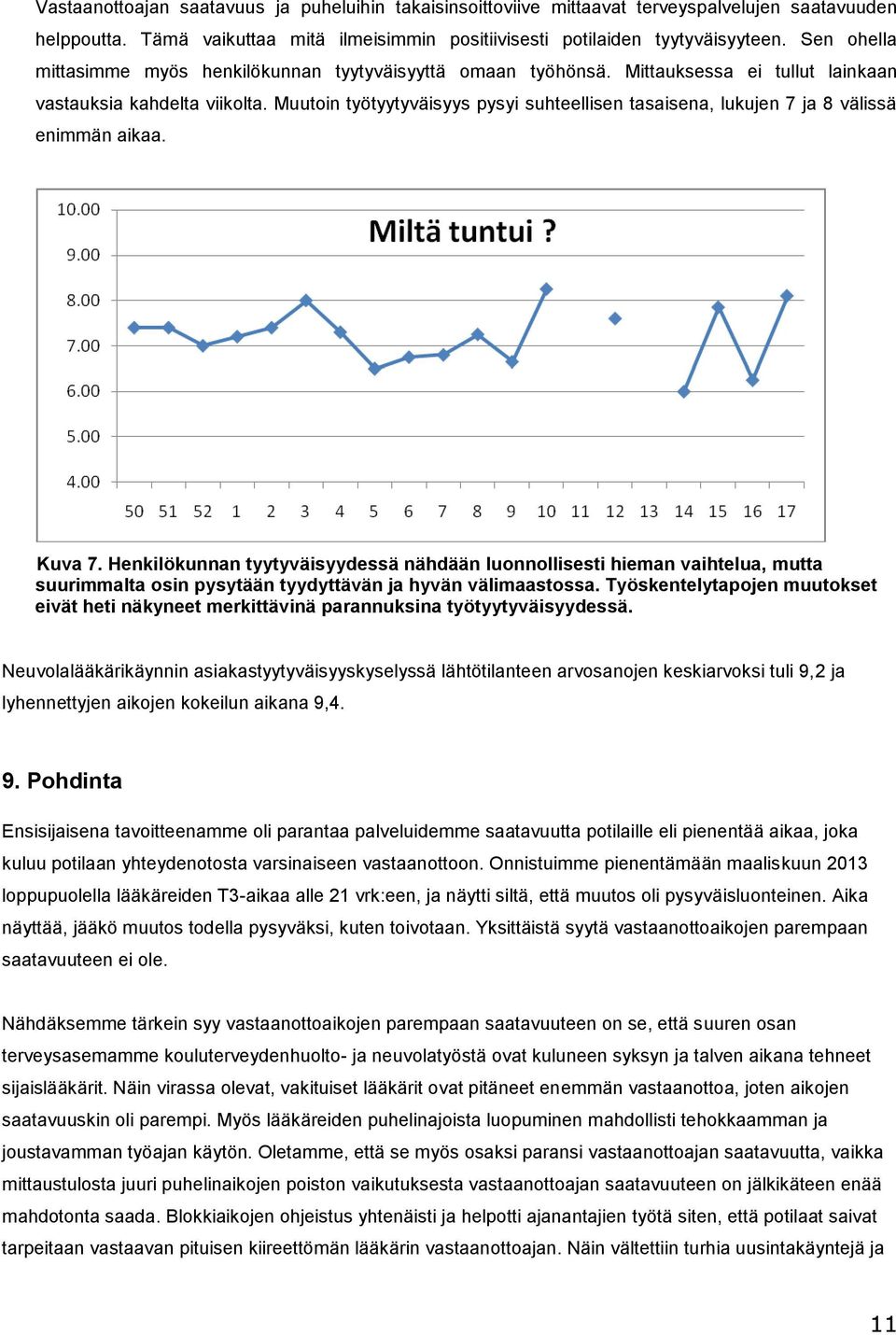 Muutoin työtyytyväisyys pysyi suhteellisen tasaisena, lukujen 7 ja 8 välissä enimmän aikaa. Kuva 7.