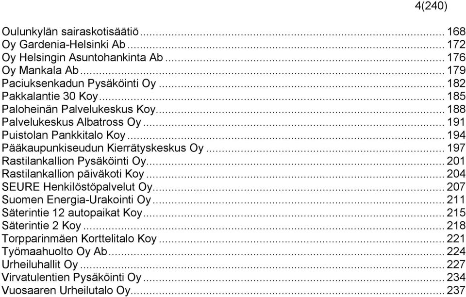.. 197 Rastilankallion Pysäköinti Oy... 201 Rastilankallion päiväkoti Koy... 204 SEURE Henkilöstöpalvelut Oy... 207 Suomen Energia-Urakointi Oy.
