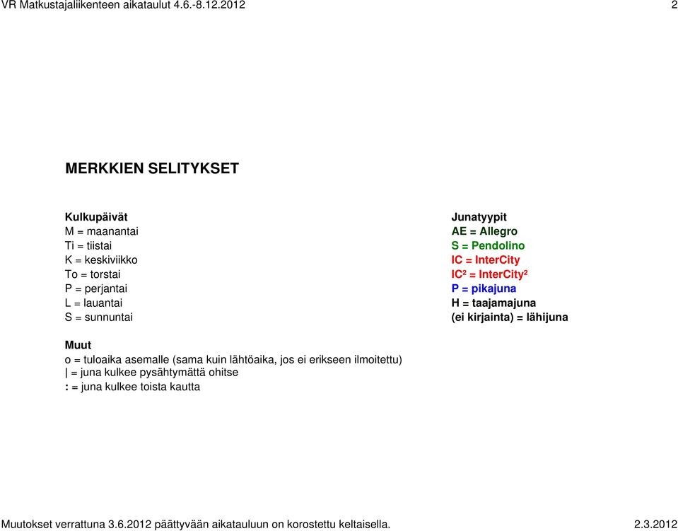 = lauantai S = sunnuntai Junatyypit AE = Allegro S = Pendolino IC = InterCity IC² = InterCity² P = pikajuna H =