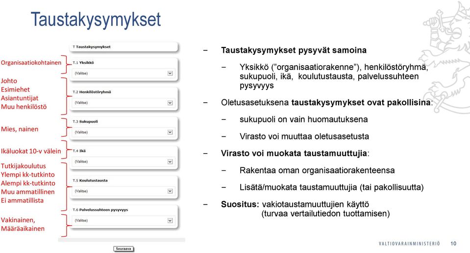 palvelussuhteen pysyvyys Oletusasetuksena taustakysymykset ovat pakollisina: sukupuoli on vain huomautuksena Virasto voi muuttaa oletusasetusta Virasto voi muokata