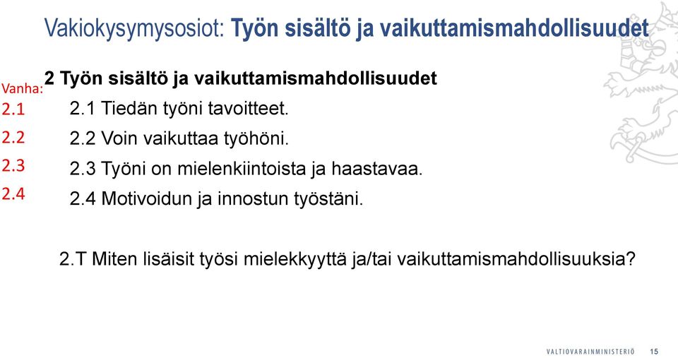 vaikuttamismahdollisuudet 2.1 Tiedän työni tavoitteet. 2.2 Voin vaikuttaa työhöni. 2.3 Työni on mielenkiintoista ja haastavaa.