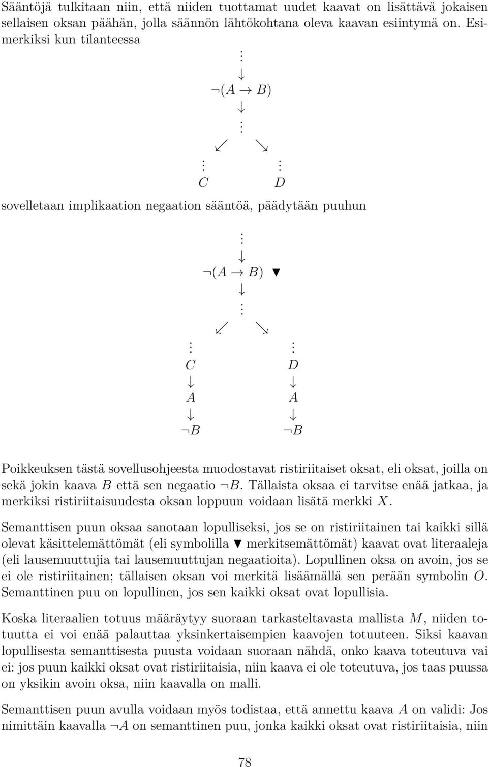 negaatio B Tällaista oksaa ei tarvitse enää jatkaa, ja merkiksi ristiriitaisuudesta oksan loppuun voidaan lisätä merkki X Semanttisen puun oksaa sanotaan lopulliseksi, jos se on ristiriitainen tai