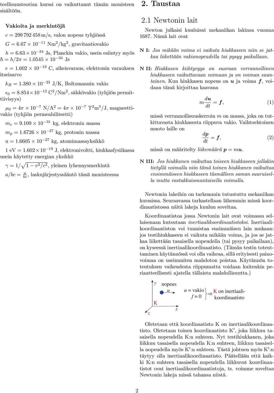 854 10 12 C 2 /Nm 2, sähkövakio (tyhjiön permittiivisyys) µ 0 = 4π 10 7 N/A 2 = 4π 10 7 T 2 m 3 /J, magneettivakio (tyhjiön permeabiliteetti) m e = 9.109 10 31 kg, elektronin massa m p = 1.