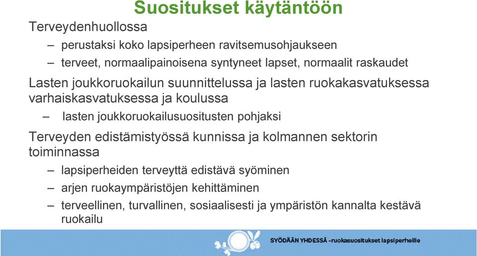 lasten joukkoruokailusuositusten pohjaksi Terveyden edistämistyössä kunnissa ja kolmannen sektorin toiminnassa lapsiperheiden