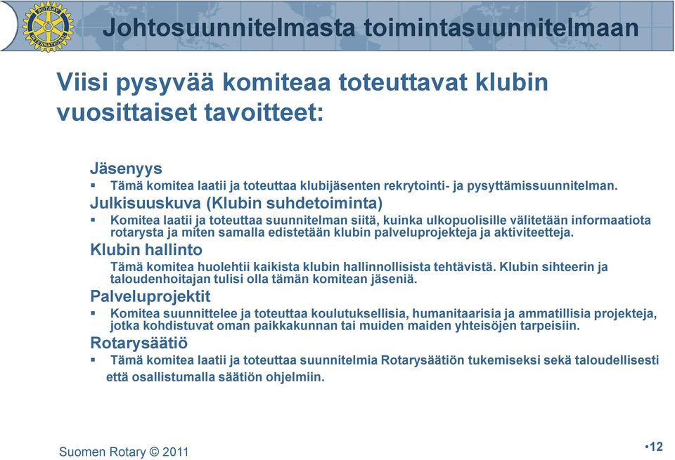 aktiviteetteja. Klubin hallinto Tämä komitea huolehtii kaikista klubin hallinnollisista tehtävistä. Klubin sihteerin ja taloudenhoitajan tulisi olla tämän komitean jäseniä.