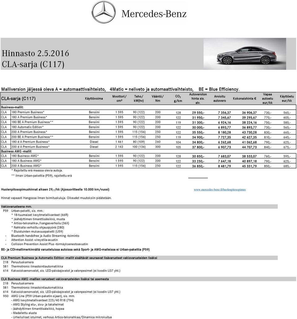 Autoveroton hinta sis. alv. BE = Blue Efficiency.