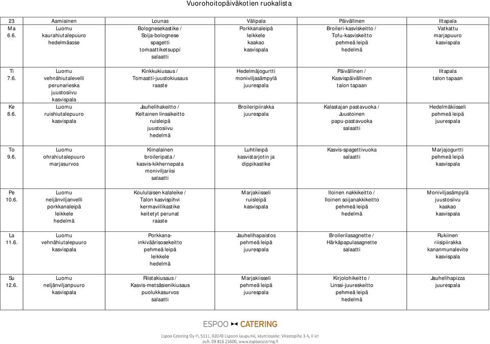 6. Kiinalainen broileripata / kasvis-kikhernepata moniviljariisi Luhtileipä Kasvis-spagettivuoka rjajogurtti 10.6. neljänviljanvelli porkkanaleipä Koululaisen kalaleike / Talon kasvispihvi kermaviilikastike Iloinen nakkikeitto / Iloinen soijanakkikeitto Moniviljasämpylä 11.