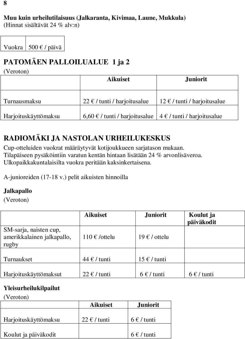 Tilapäiseen pysäköintiin varatun kentän hintaan lisätään 24 % arvonlisäveroa. Ulkopaikkakuntalaisilta vuokra peritään kaksinkertaisena. A-junioreiden (17-18 v.