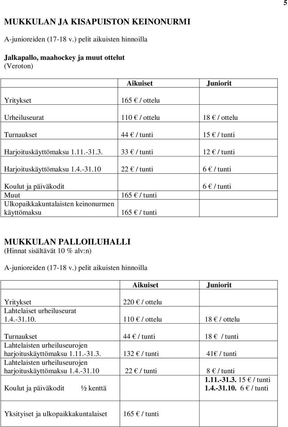 Harjoituskäyttömaksu 1.11.-31.