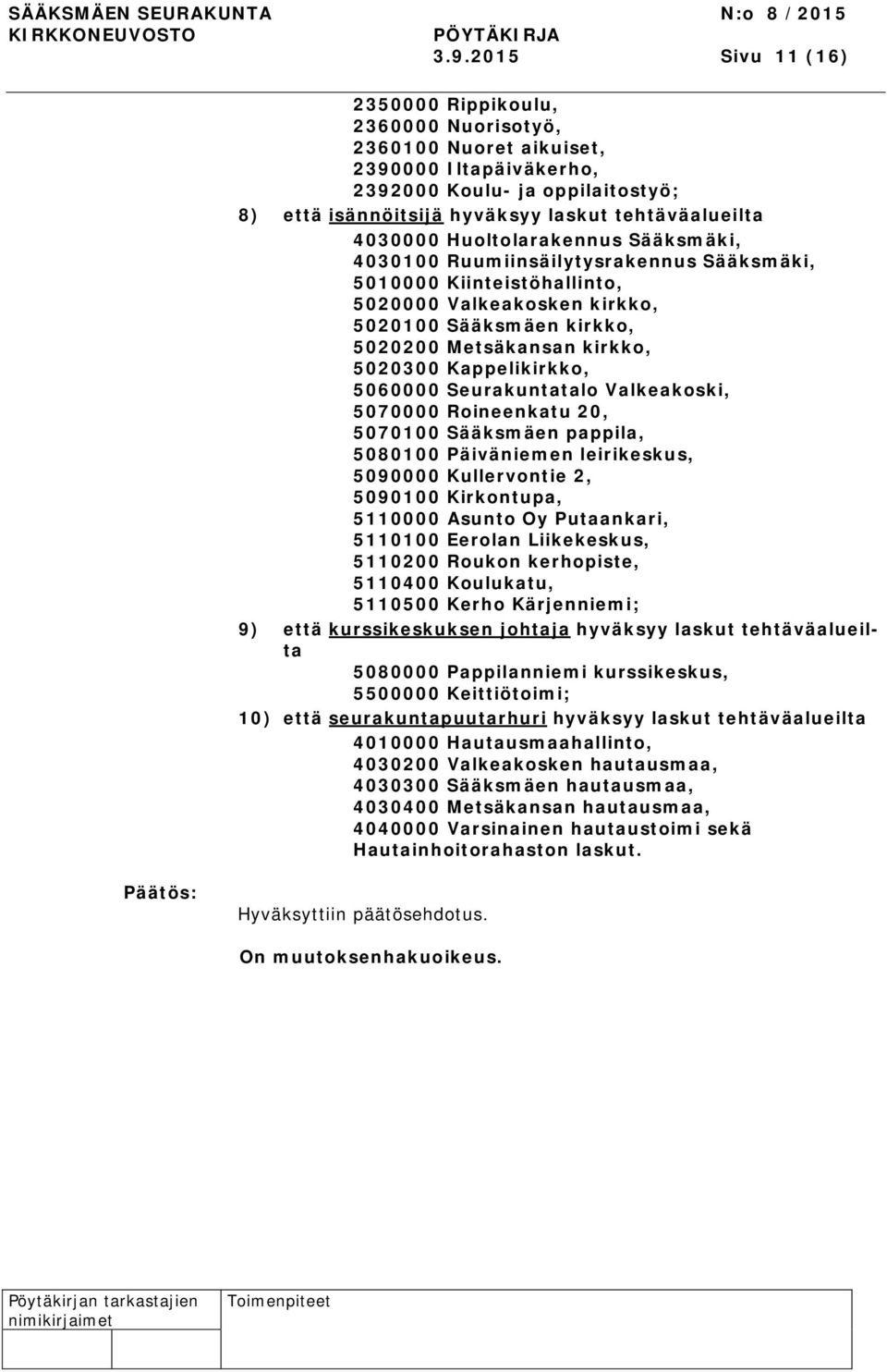 Kappelikirkko, 5060000 Seurakuntatalo Valkeakoski, 5070000 Roineenkatu 20, 5070100 Sääksmäen pappila, 5080100 Päiväniemen leirikeskus, 5090000 Kullervontie 2, 5090100 Kirkontupa, 5110000 Asunto Oy