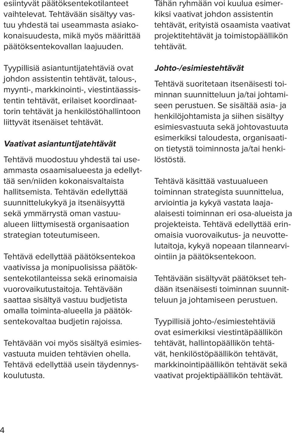 itsenäiset tehtävät. Vaativat asiantuntijatehtävät Tehtävä muodostuu yhdestä tai useammasta osaamisalueesta ja edellyttää sen/niiden kokonaisvaltaista hallitsemista.