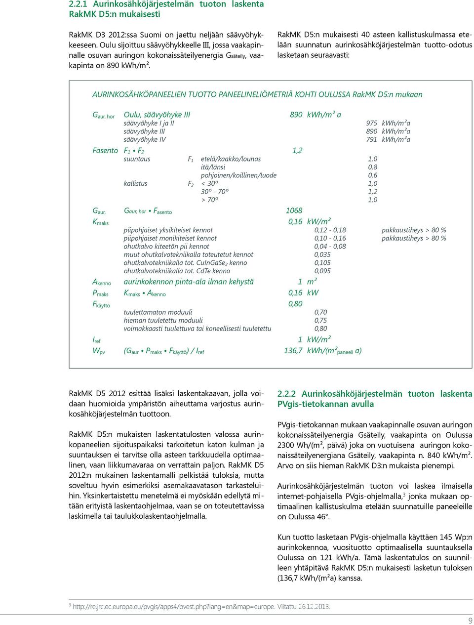 RakMK D5:n mukaisesti 40 asteen kallistuskulmassa etelään suunnatun aurinkosähköjärjestelmän tuotto-odotus lasketaan seuraavasti: AURINKOSÄHKÖPANEELIEN TUOTTO PANEELINELIÖMETRIÄ KOHTI OULUSSA RakMK