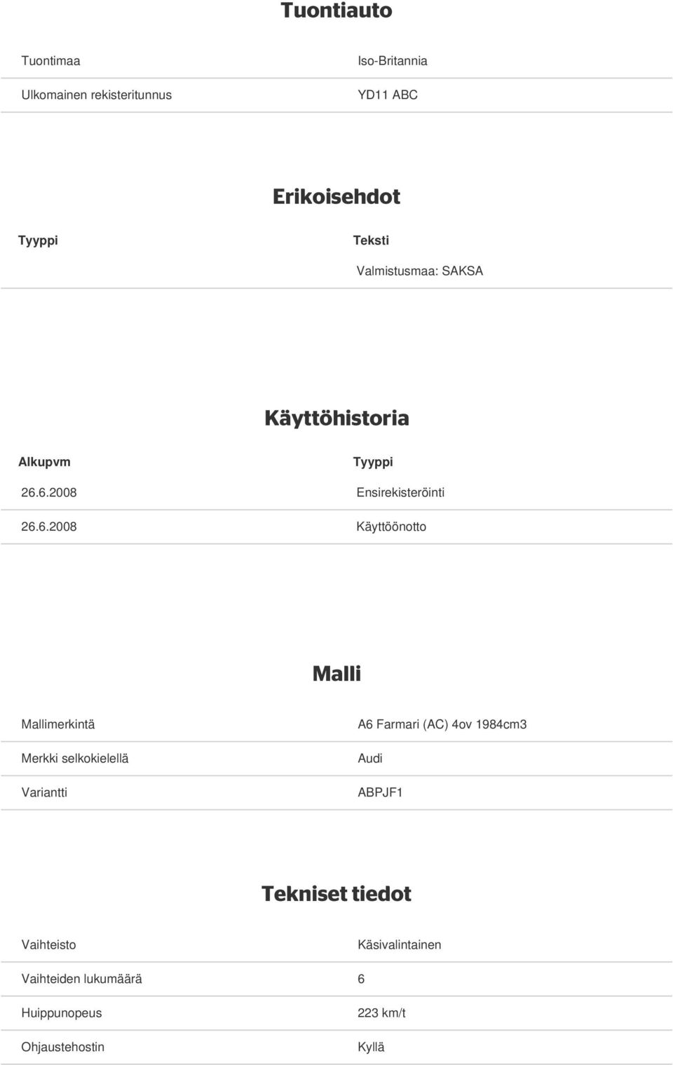 6.2008 Ensirekisteröinti 26.6.2008 Käyttöönotto Malli Mallimerkintä Merkki selkokielellä Variantti