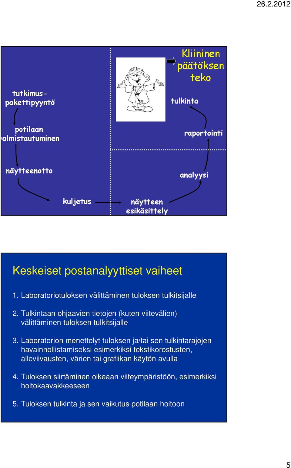 Tulkintaan ohjaavien tietojen (kuten viitevälien) välittäminen tuloksen tulkitsijalle 3.