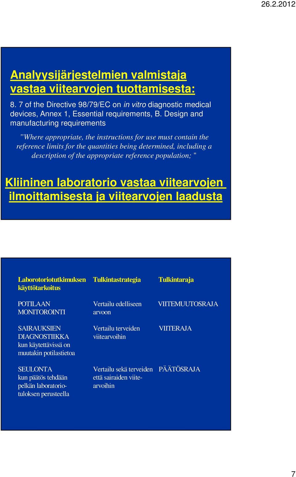 reference population; " laboratorio vastaa viitearvojen ilmoittamisesta ja viitearvojen laadusta Laborotorio käyttötarkoitus POTILAAN MONITOROINTI SAIRAUKSIEN DIAGNOSTIIKKA kun käytettävissä on