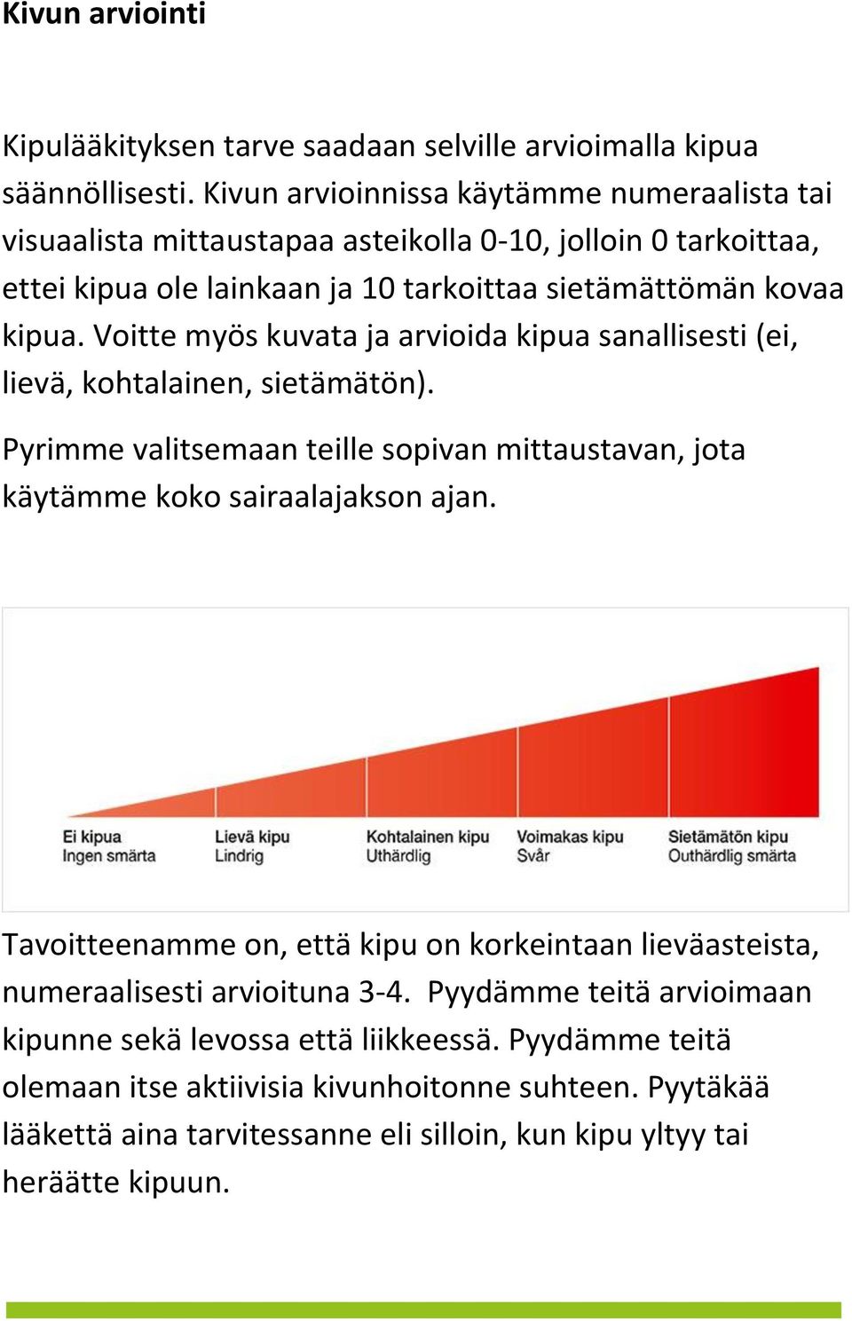 Voitte myös kuvata ja arvioida kipua sanallisesti (ei, lievä, kohtalainen, sietämätön). Pyrimme valitsemaan teille sopivan mittaustavan, jota käytämme koko sairaalajakson ajan.