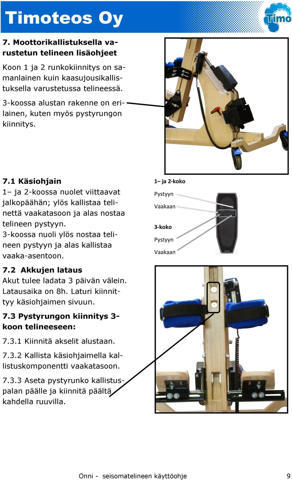 1 Käsiohjain 1 ja 2-koossa nuolet viittaavat jalkopäähän; ylös kallistaa telinettä vaakatasoon ja alas nostaa telineen pystyyn.