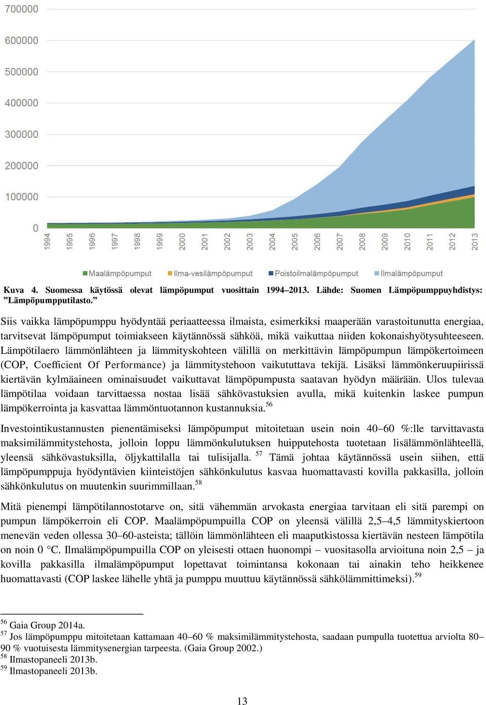 kokonaishyötysuhteeseen. Lämpötilaero lämmönlähteen ja lämmityskohteen välillä on merkittävin lämpöpumpun lämpökertoimeen (COP, Coefficient Of Performance) ja lämmitystehoon vaikututtava tekijä.