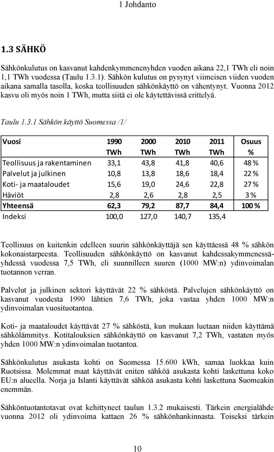 Vuonna 2012 kasvu oli myös noin 1 TWh, mutta siitä ei ole käytettävissä erittelyä. Taulu 1.3.