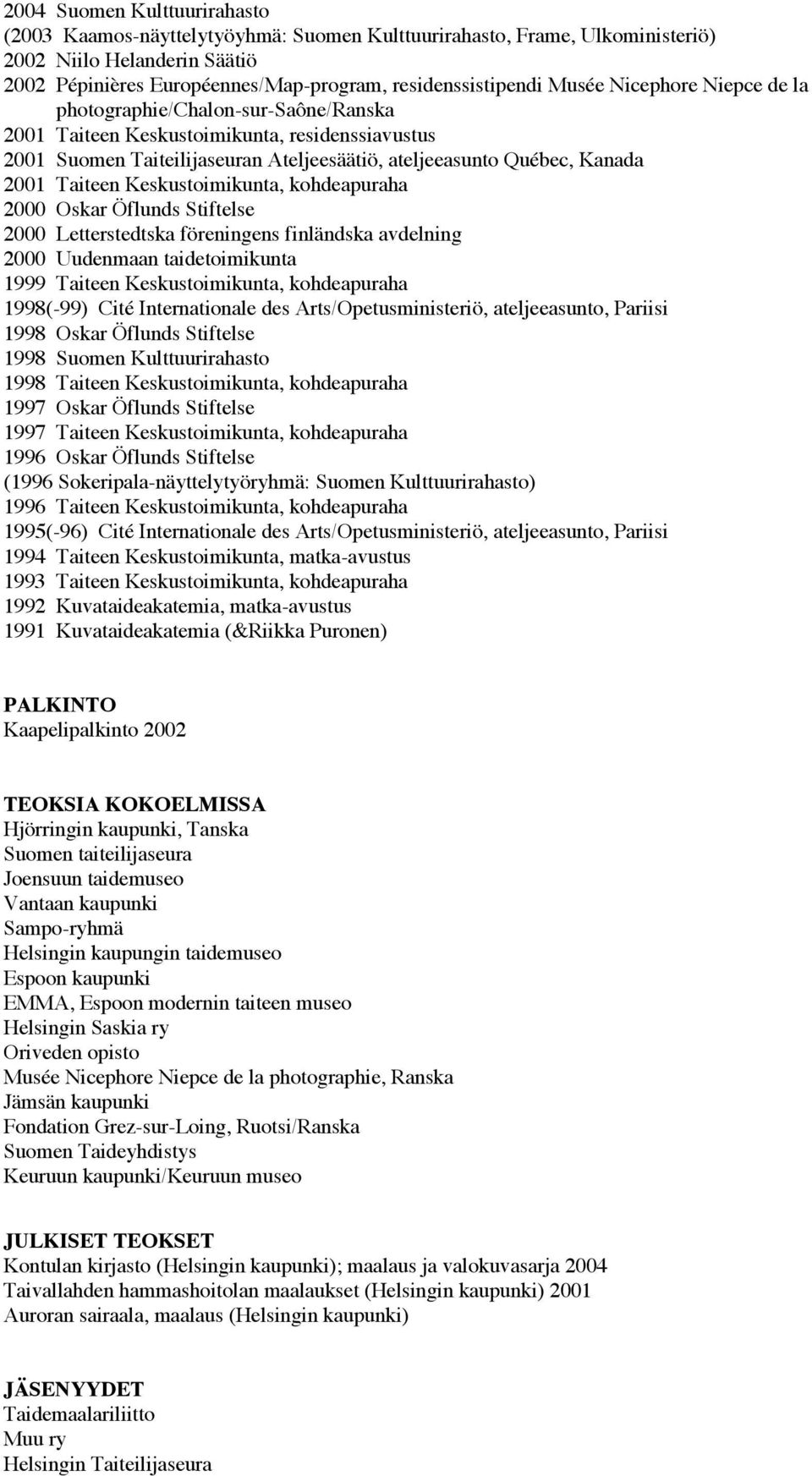 Taiteen Keskustoimikunta, kohdeapuraha 2000 Oskar Öflunds Stiftelse 2000 Letterstedtska föreningens finländska avdelning 2000 Uudenmaan taidetoimikunta 1999 Taiteen Keskustoimikunta, kohdeapuraha