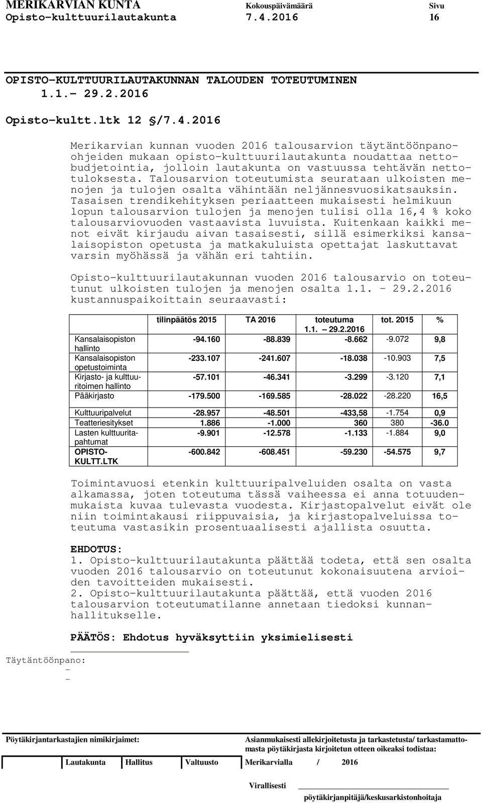 2016 Täytäntöönpano: Merikarvian kunnan vuoden 2016 talousarvion täytäntöönpanoohjeiden mukaan opistokulttuurilautakunta noudattaa nettobudjetointia, jolloin lautakunta on vastuussa tehtävän