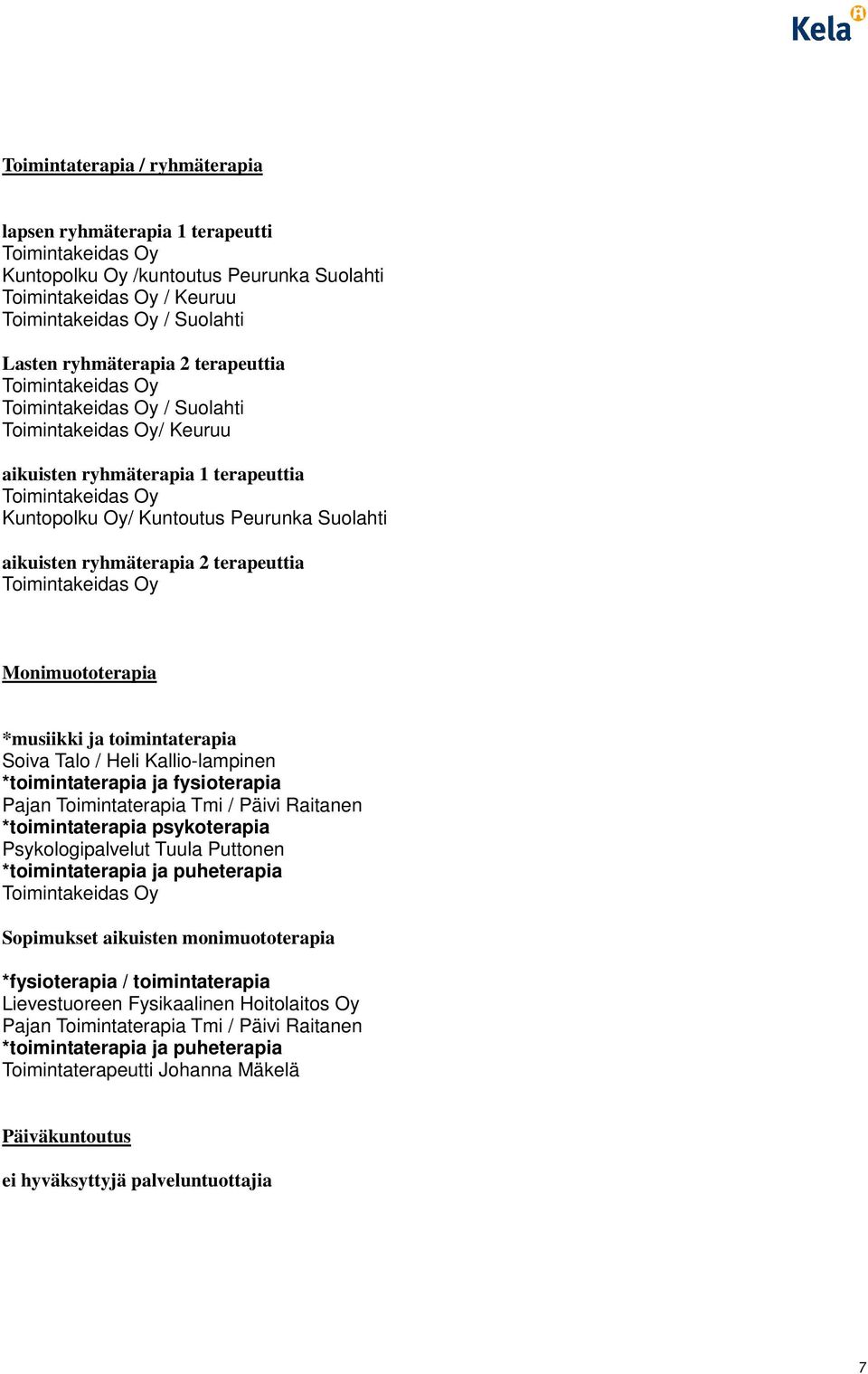 fysioterapia Pajan Toimintaterapia Tmi / Päivi Raitanen *toimintaterapia psykoterapia Psykologipalvelut Tuula Puttonen *toimintaterapia ja puheterapia Sopimukset aikuisten monimuototerapia