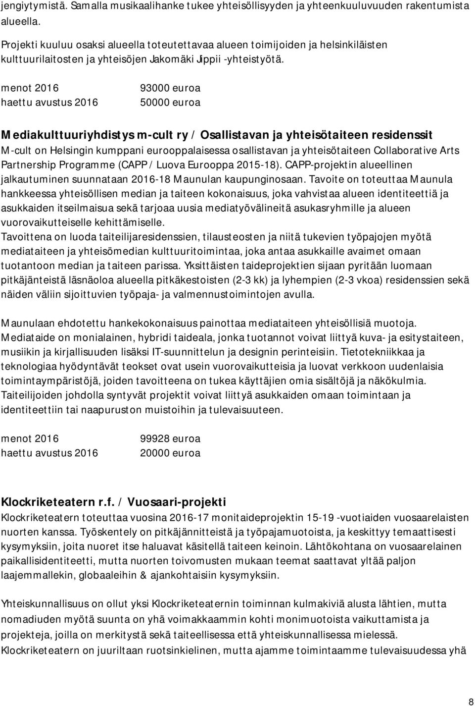 93000 euroa 50000 euroa Mediakulttuuriyhdistys m-cult ry / Osallistavan ja yhteisötaiteen residenssit M-cult on Helsingin kumppani eurooppalaisessa osallistavan ja yhteisötaiteen Collaborative Arts