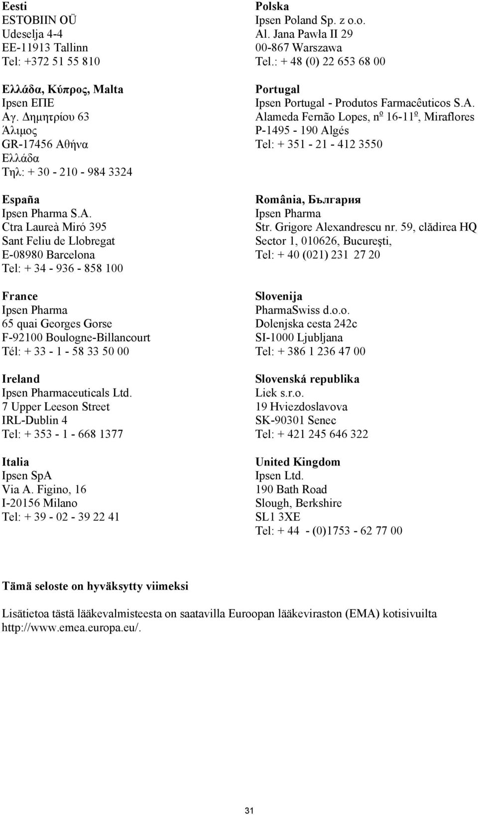 Pharmaceuticals Ltd. 7 Upper Leeson Street IRL-Dublin 4 Tel: + 353-1 - 668 1377 Italia Ipsen SpA Via A. Figino, 16 I-20156 Milano Tel: + 39-02 - 39 22 41 Polska Ipsen Poland Sp. z o.o. Al.