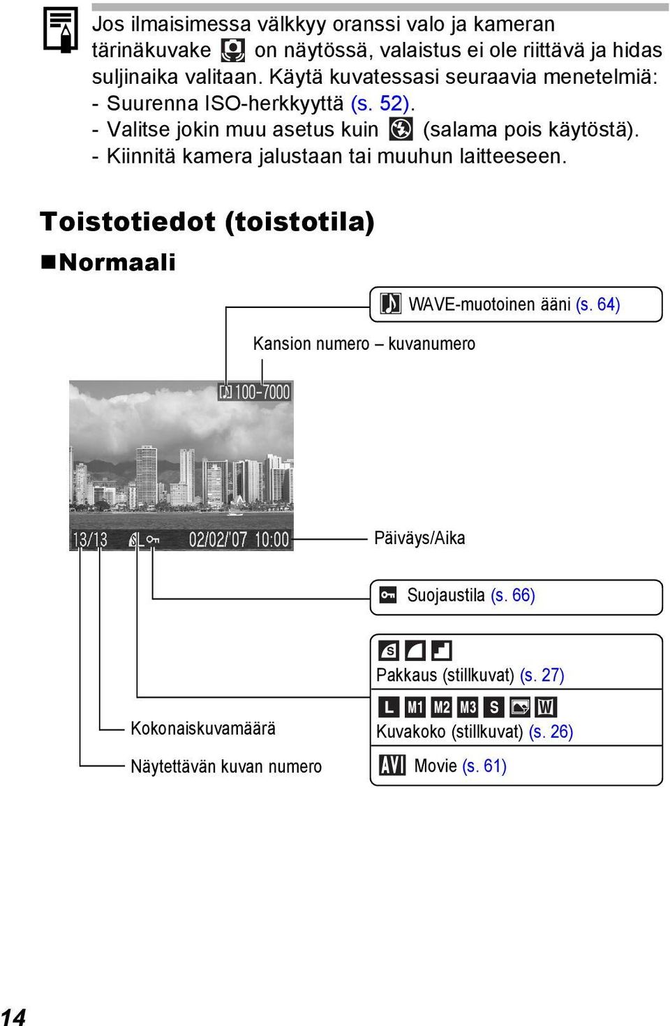 - Kiinnitä kamera jalustaan tai muuhun laitteeseen. Toistotiedot (toistotila) Normaali Kansion numero kuvanumero WAVE-muotoinen ääni (s.