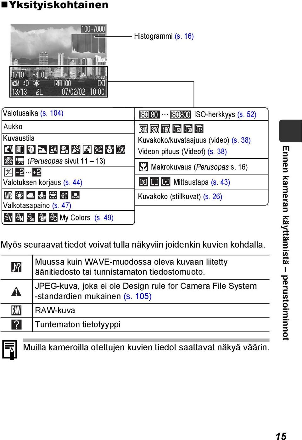 26) Myös seuraavat tiedot voivat tulla näkyviin joidenkin kuvien kohdalla. Muussa kuin WAVE-muodossa oleva kuvaan liitetty äänitiedosto tai tunnistamaton tiedostomuoto.
