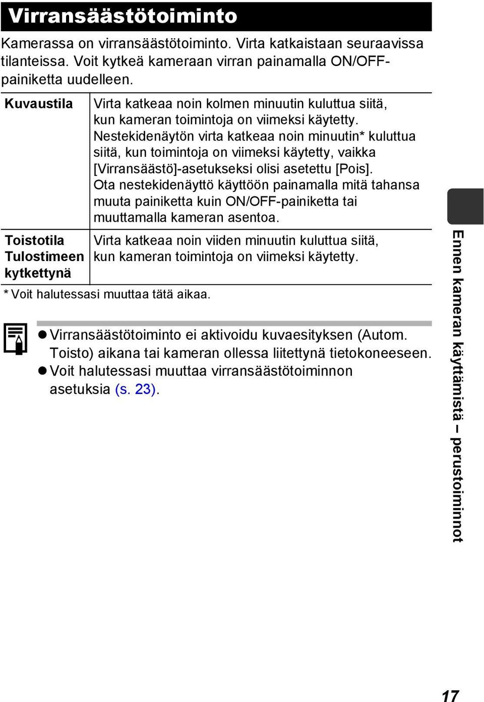 Nestekidenäytön virta katkeaa noin minuutin* kuluttua siitä, kun toimintoja on viimeksi käytetty, vaikka [Virransäästö]-asetukseksi olisi asetettu [Pois].