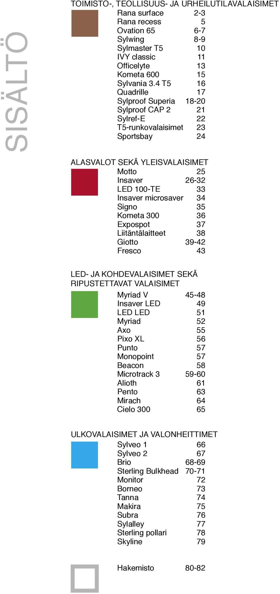 Signo 35 Kometa 300 36 Expospot 37 Liitäntälaitteet 38 Giotto 39-42 Fresco 43 LED- JA KOHDEVALAISIMET SEKÄ RIPUSTETTAVAT VALAISIMET Myriad V 45-48 Insaver LED 49 LED LED 51 Myriad 52 Axo 55 Pixo XL