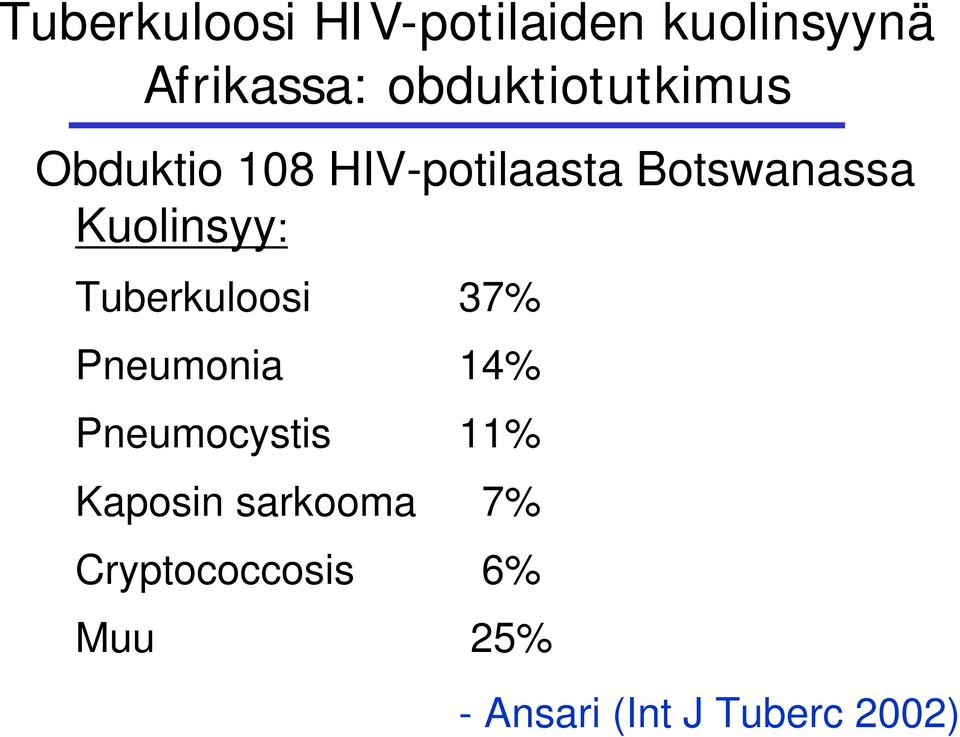 Kuolinsyy: Tuberkuloosi 37% Pneumonia 14% Pneumocystis 11%