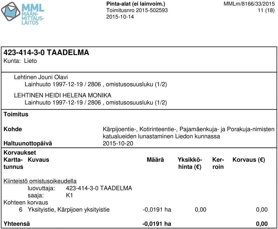 1997-12-19 / 2806, omistusosuusluku (1/2) Korvaus luovuttaja: 423-414-3-0