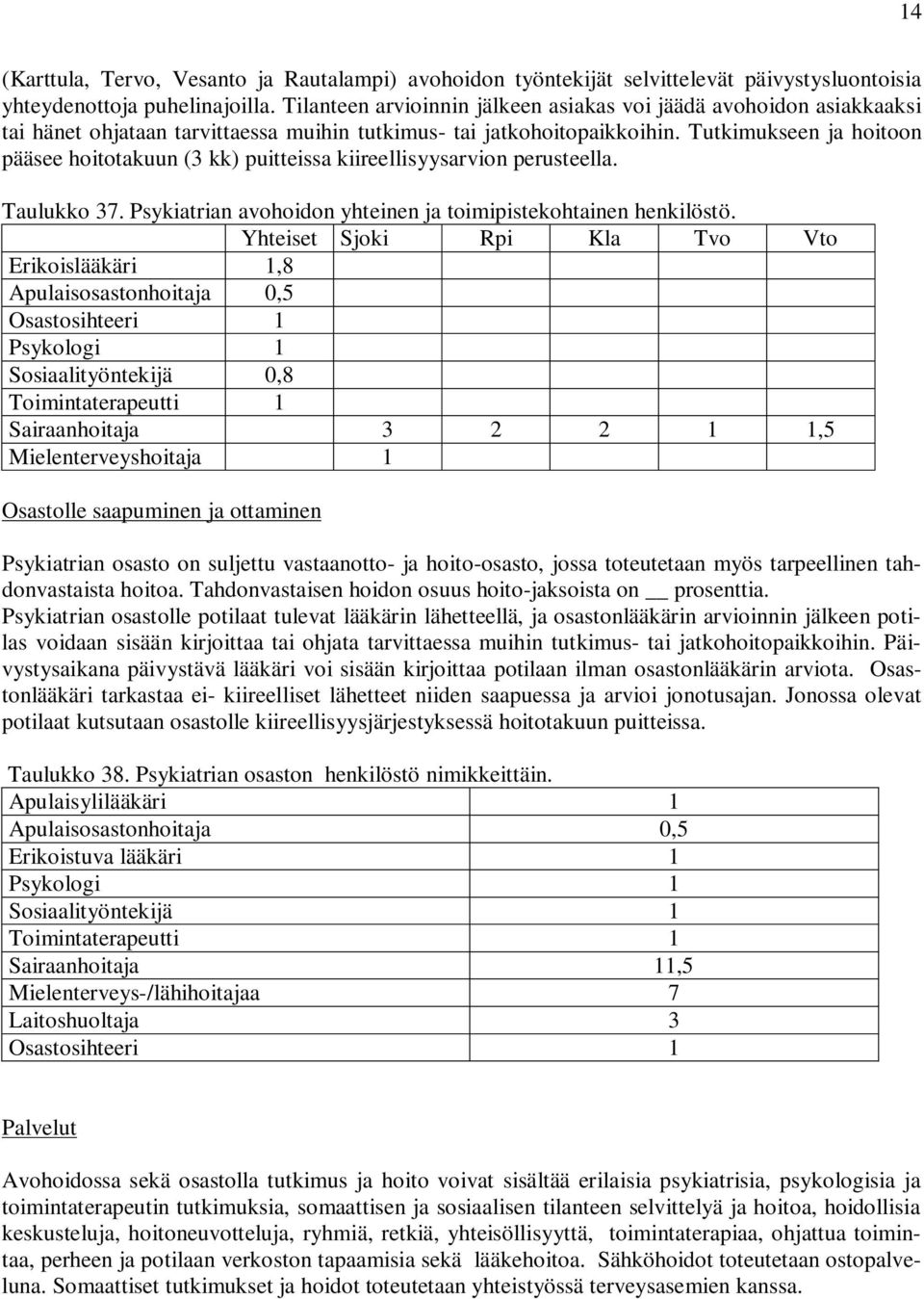 Tutkimukseen ja hoitoon pääsee hoitotakuun (3 kk) puitteissa kiireellisyysarvion perusteella. Taulukko 37. Psykiatrian avohoidon yhteinen ja toimipistekohtainen henkilöstö.