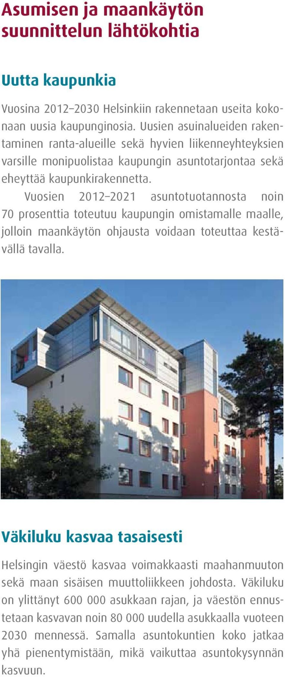 Vuosien 2012 2021 asuntotuotannosta noin 70 prosenttia toteutuu kaupungin omistamalle maalle, jolloin maankäytön ohjausta voidaan toteuttaa kestävällä tavalla.