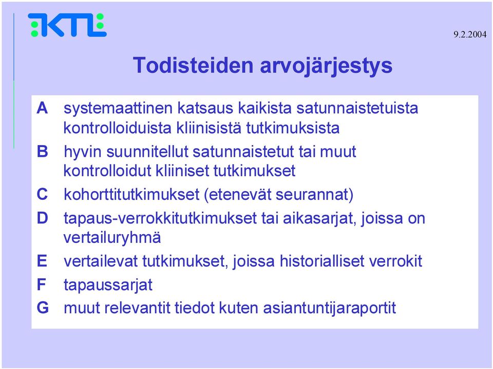 kohorttitutkimukset (etenevät seurannat) D tapaus-verrokkitutkimukset tai aikasarjat, joissa on vertailuryhmä E