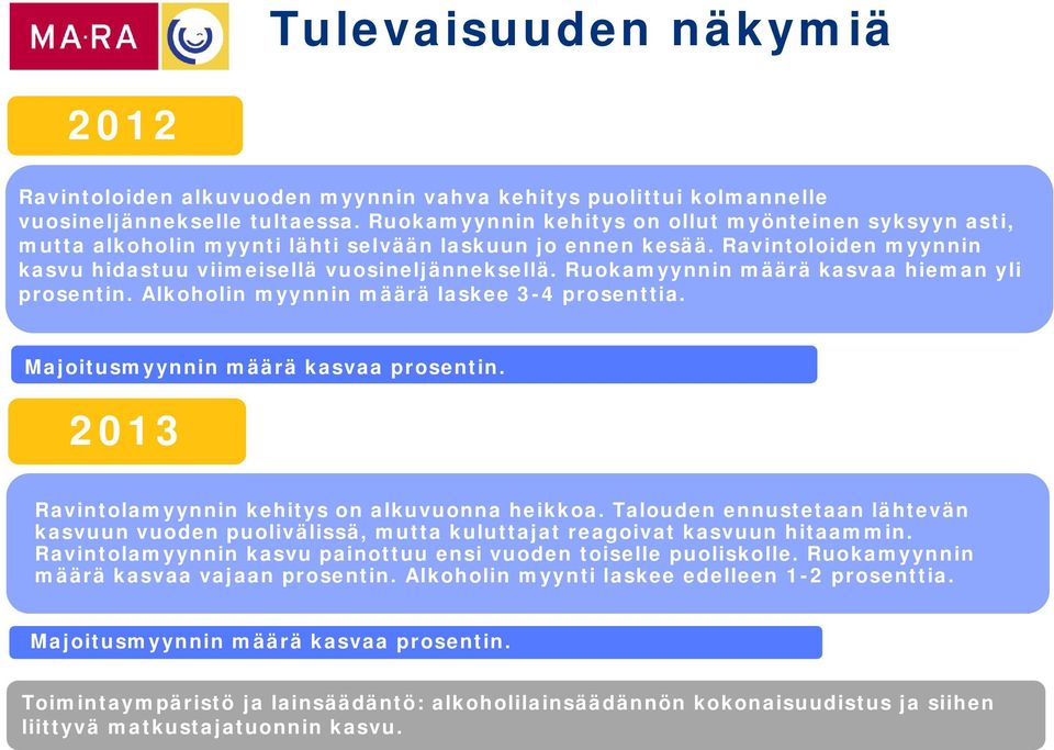 Ruokamyynnin määrä kasvaa hieman yli prosentin. Alkoholin myynnin määrä laskee 3-4 prosenttia. Majoitusmyynnin määrä kasvaa prosentin. 2013 Ravintolamyynnin kehitys on alkuvuonna heikkoa.