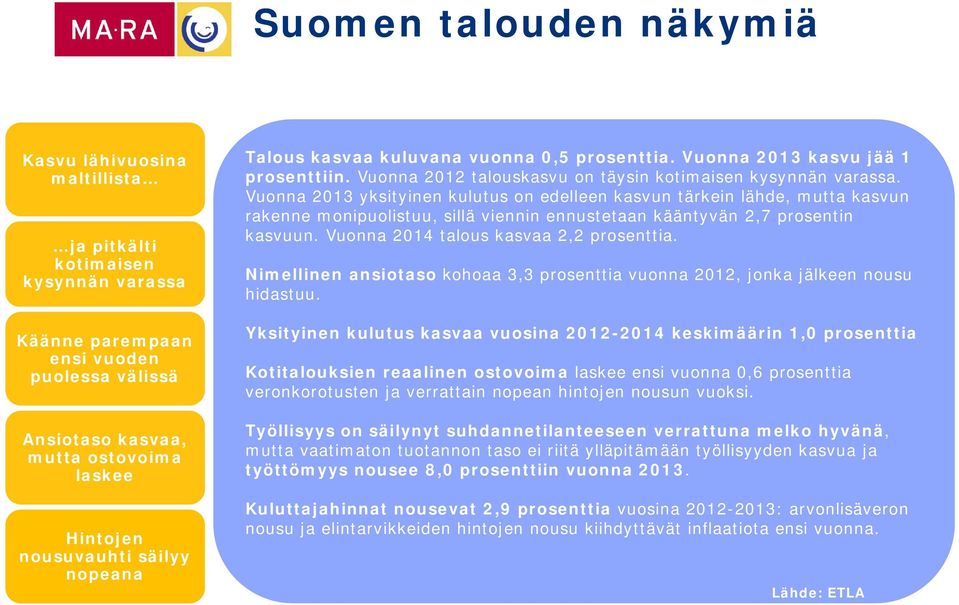 Vuonna 2013 yksityinen kulutus on edelleen kasvun tärkein lähde, mutta kasvun rakenne monipuolistuu, sillä viennin ennustetaan kääntyvän 2,7 prosentin kasvuun.