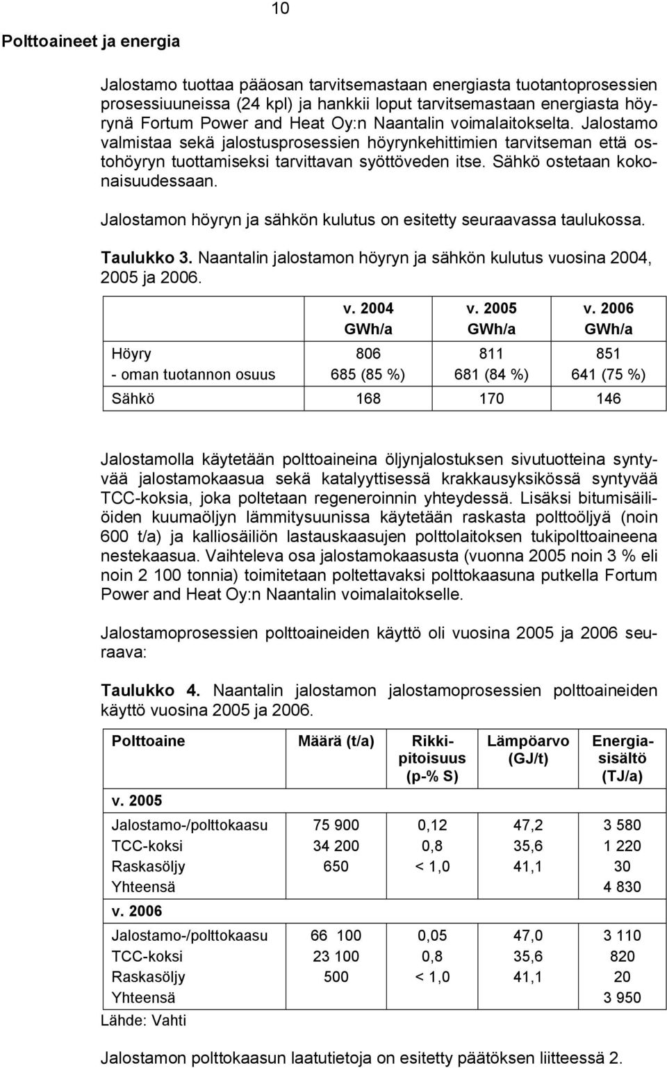 Jalostamon höyryn ja sähkön kulutus on esitetty seuraavassa taulukossa. Taulukko 3. Naantalin jalostamon höyryn ja sähkön kulutus vuosina 2004, 2005 ja 2006. Höyry oman tuotannon osuus v.