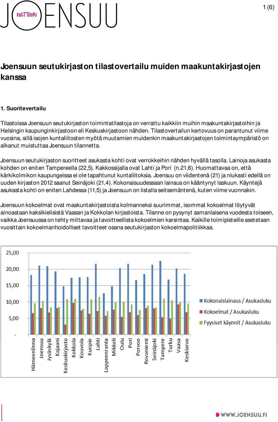 Tilastovertailun kertovuus on parantunut viime vuosina, sillä isojen kuntaliitosten myötä muutamien muidenkin maakuntakirjastojen toimintaympäristö on alkanut muistuttaa Joensuun tilannetta.