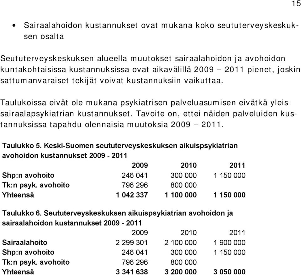 Tavoite on, ettei näiden palveluiden kustannuksissa tapahdu olennaisia muutoksia 2009 2011. Taulukko 5.